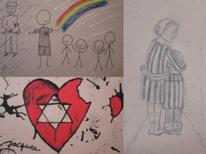 Collage-Never-forget-Postkarten: Gedenkpostkarten für die ermordeten Kinder in Theresienstadt, gestaltet von Schülerinnen und Schülern der Q1, Couven Gymnasium Aachen, 2017. Collage-Never-forget-Postkarten: Gedenkpostkarten für die ermordeten Kinder in Theresienstadt, gestaltet von Schülerinnen und Schülern der Q1, Couven Gymnasium Aachen, 2017.
